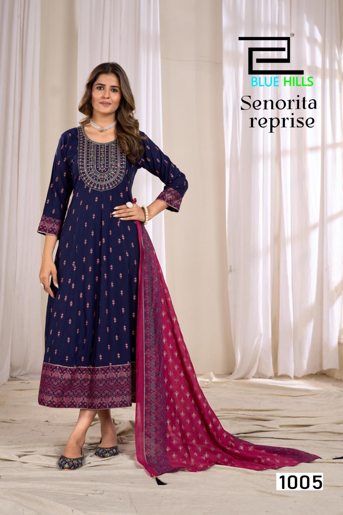 blue hills senorita reprise anarkali rayon fully stitch big size suit for womens