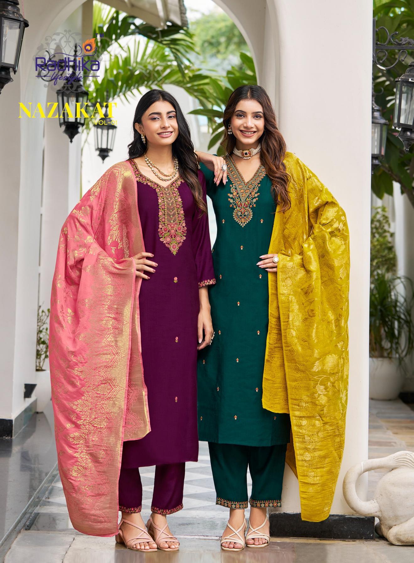 radhika lifestyle nazakat vol 1 full stitch vertican silk big size suit for womens 