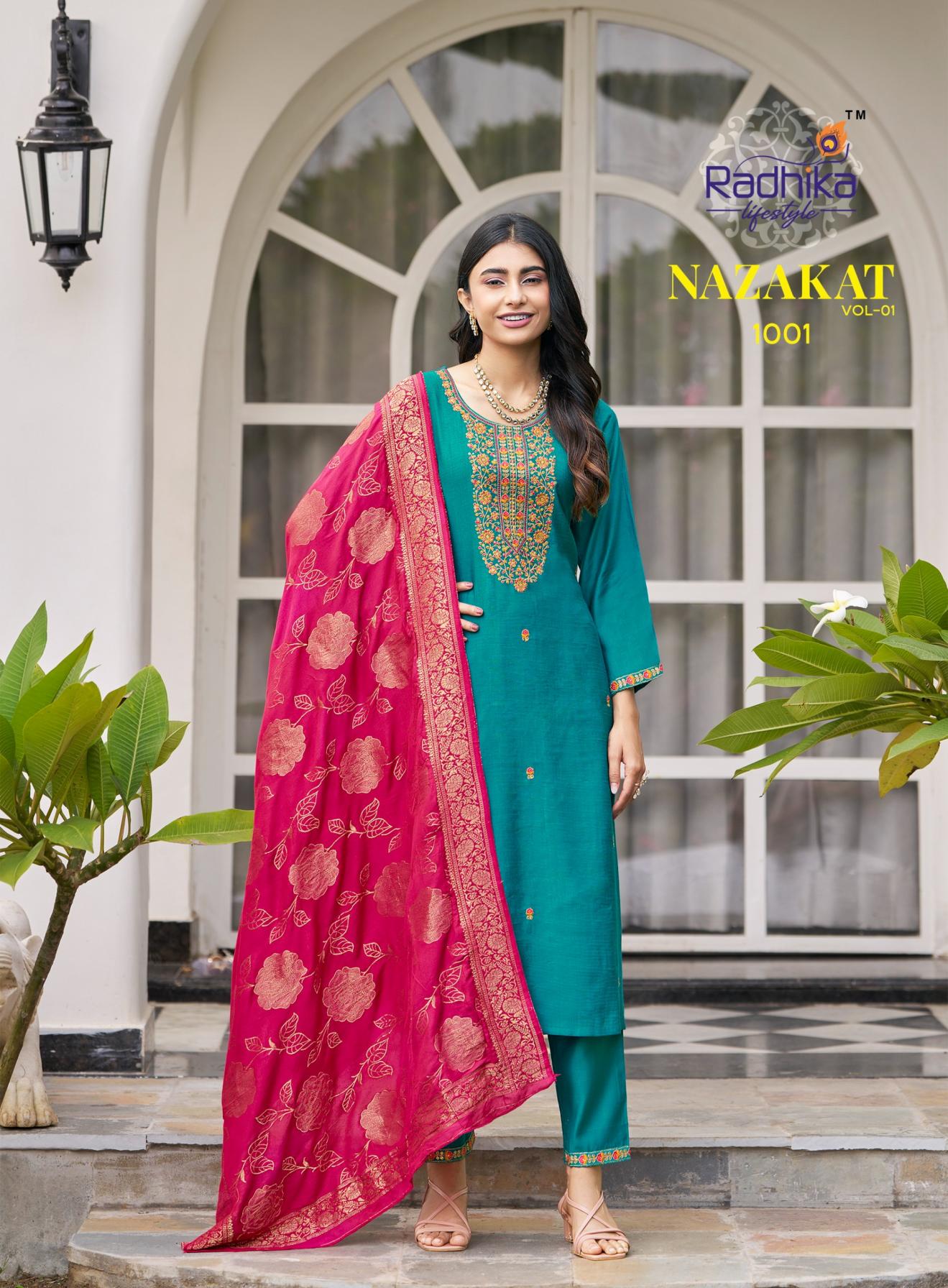 radhika lifestyle nazakat vol 1 full stitch vertican silk big size suit for womens 