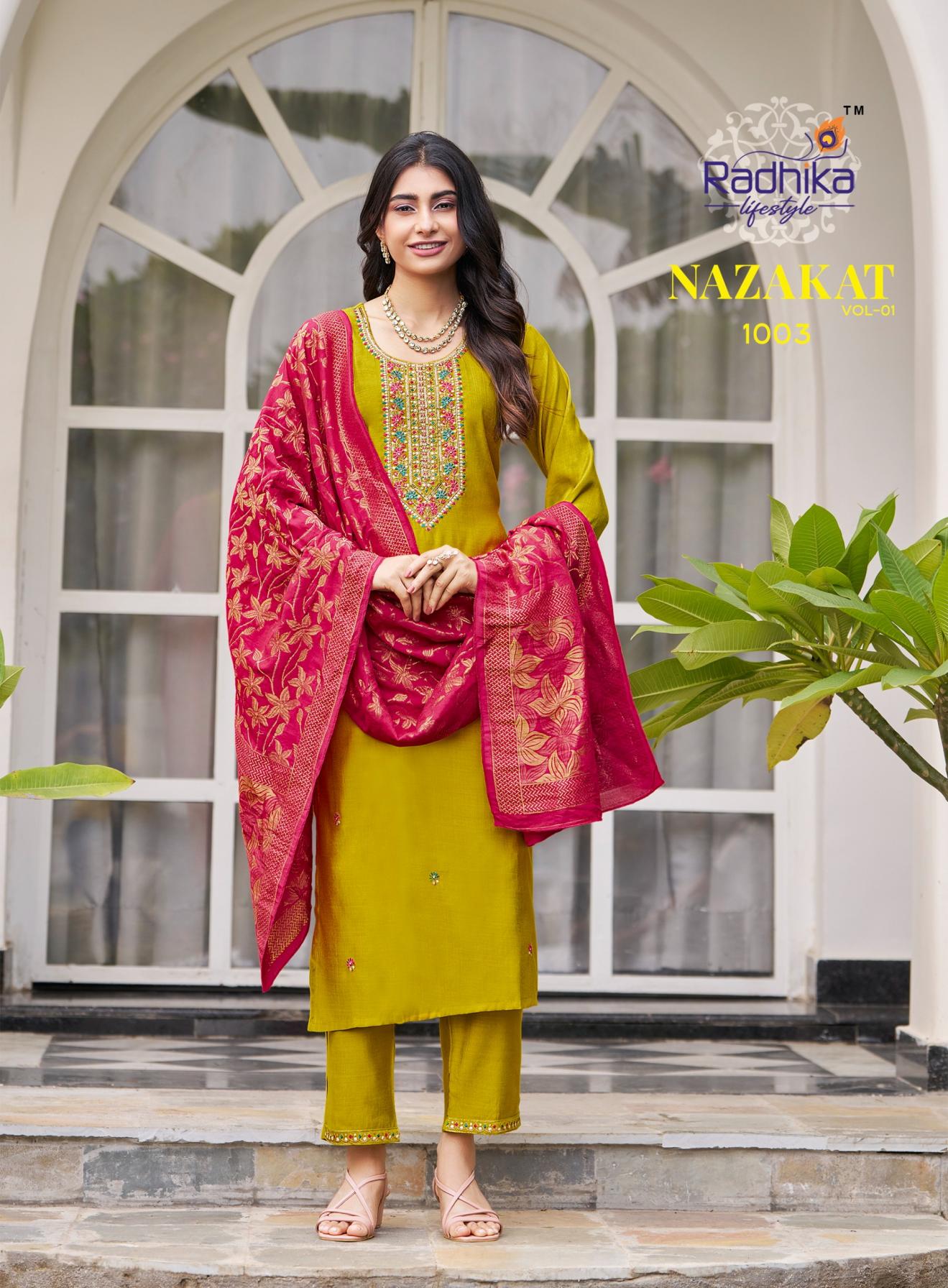 radhika lifestyle nazakat vol 1 full stitch vertican silk big size suit for womens 