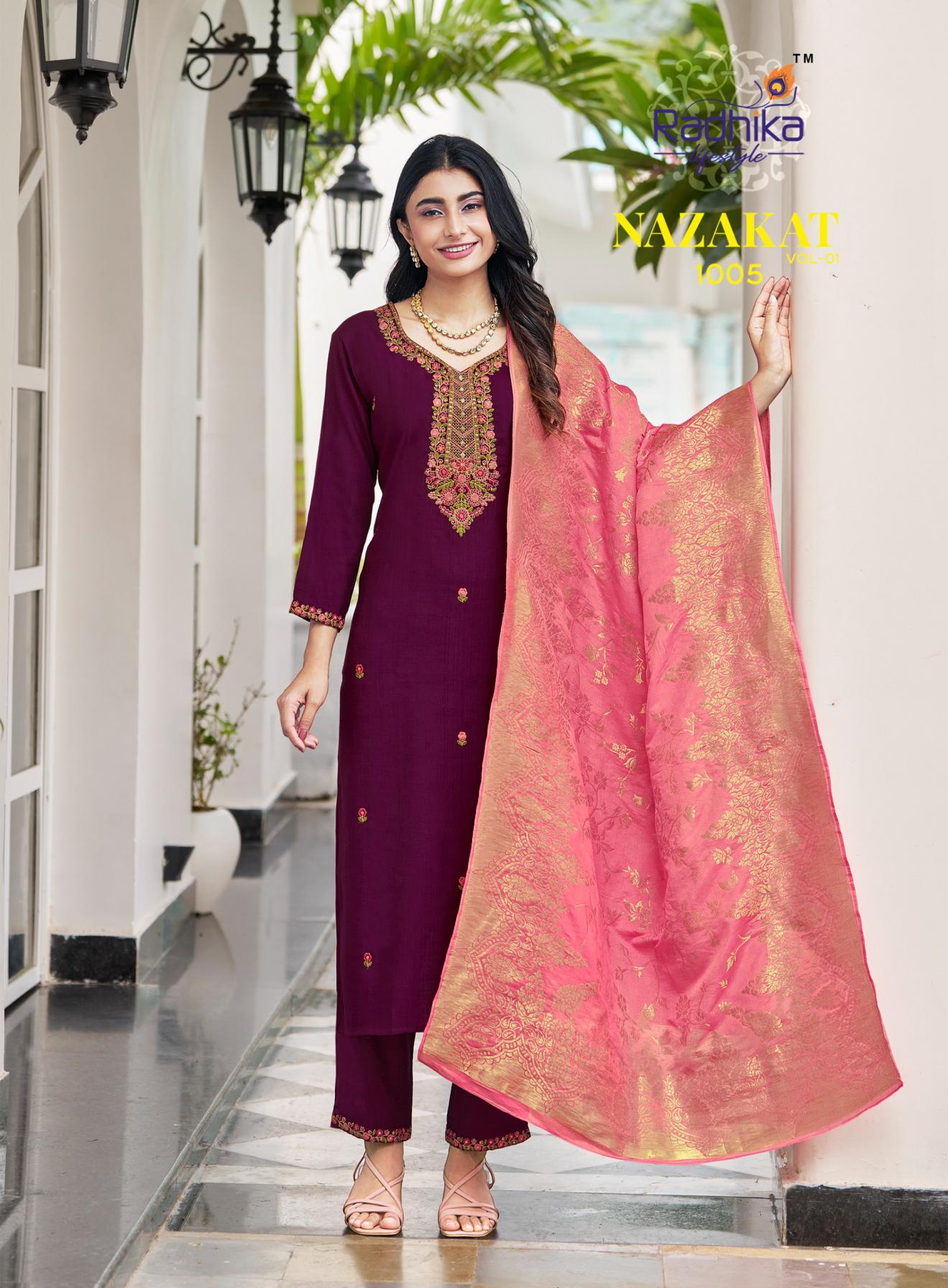 radhika lifestyle nazakat vol 1 full stitch vertican silk big size suit for womens 