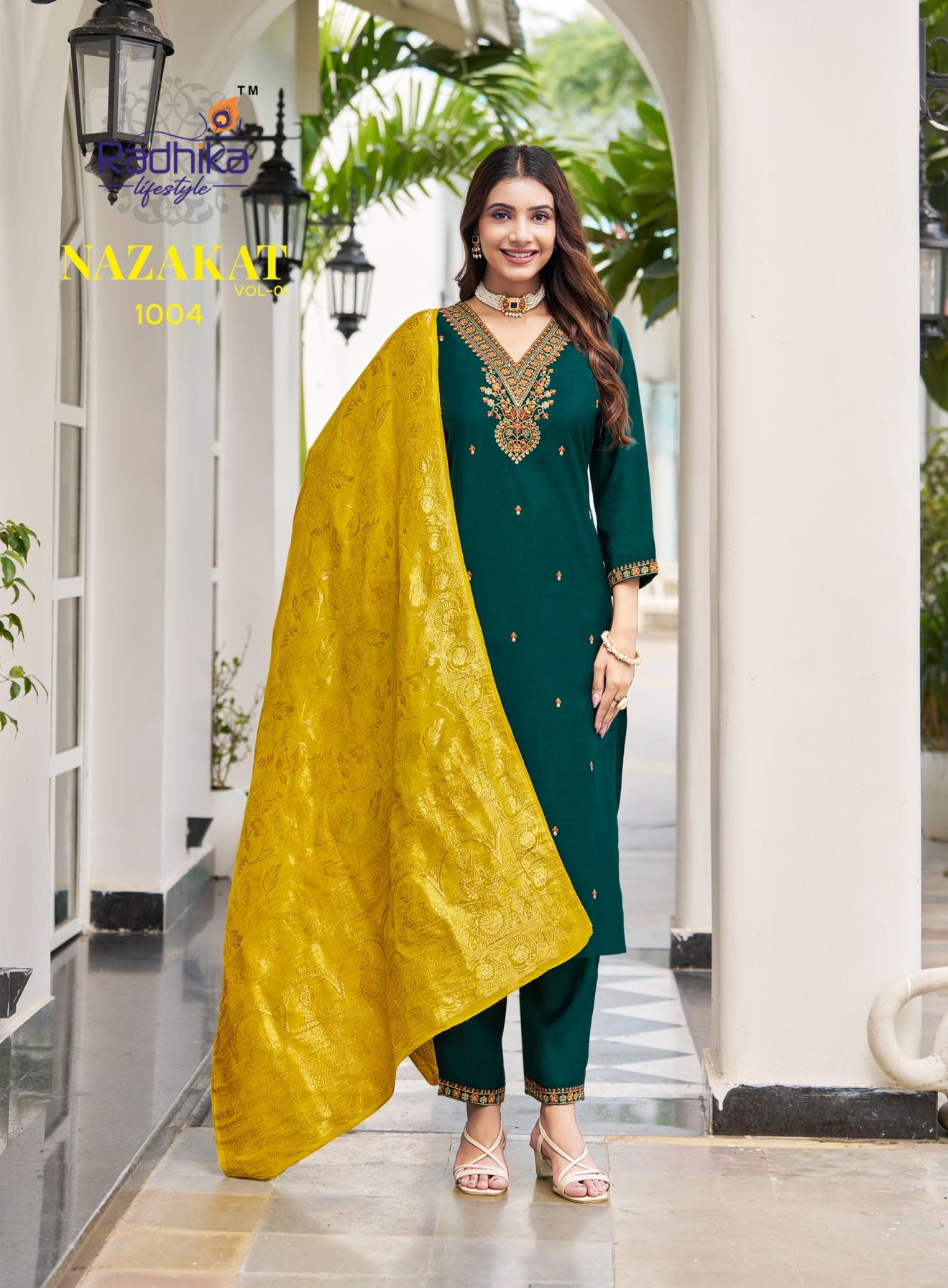 radhika lifestyle nazakat vol 1 full stitch vertican silk big size suit for womens 