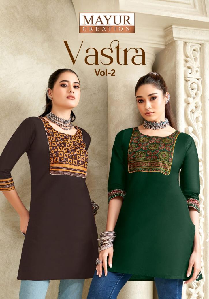 vastra vol 2 by mayur creation poplin cotton ajarakh print full stitch big size tops for girls 