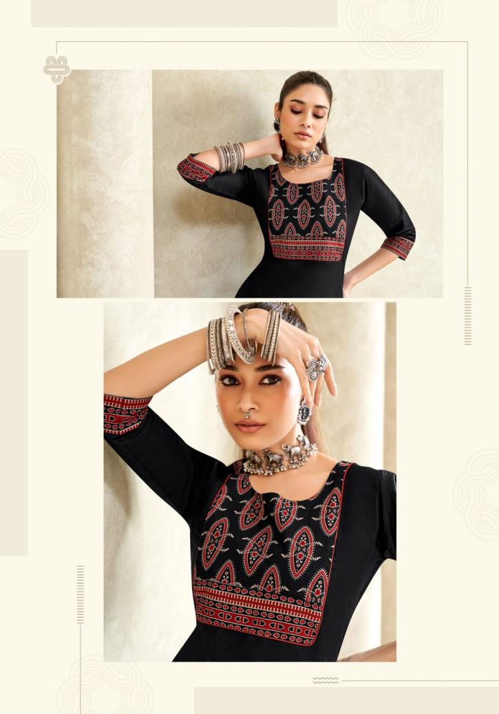 vastra vol 2 by mayur creation poplin cotton ajarakh print full stitch big size tops for girls 