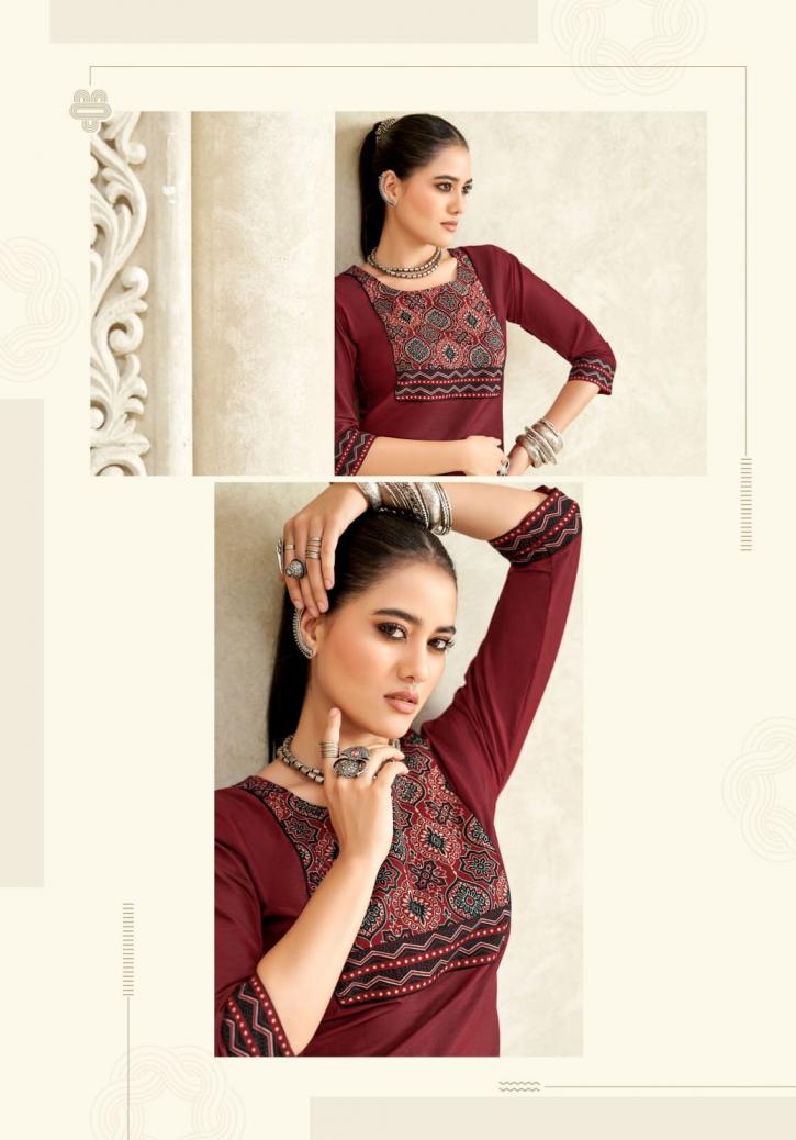 vastra vol 2 by mayur creation poplin cotton ajarakh print full stitch big size tops for girls 
