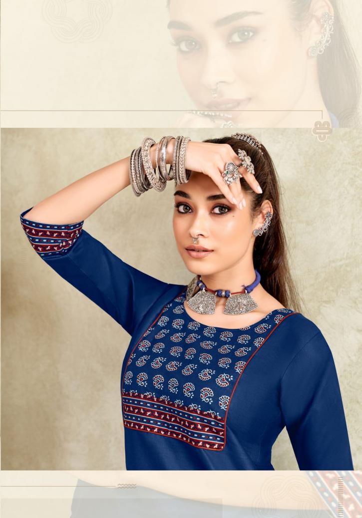 vastra vol 2 by mayur creation poplin cotton ajarakh print full stitch big size tops for girls 