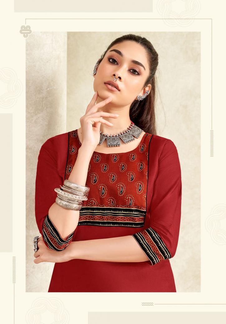vastra vol 2 by mayur creation poplin cotton ajarakh print full stitch big size tops for girls 