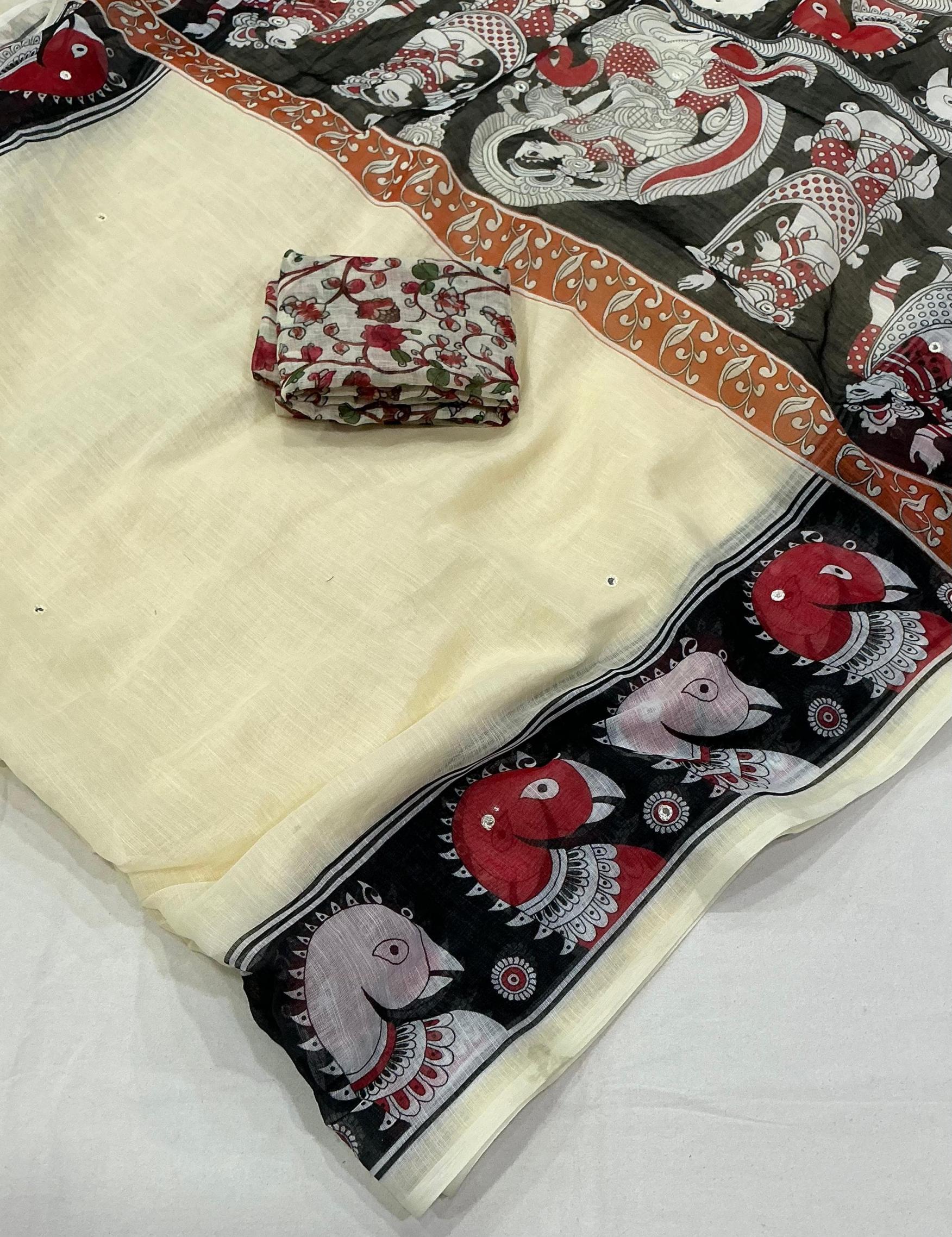 ivory linen kalamkari gorgeous look saree for womens 