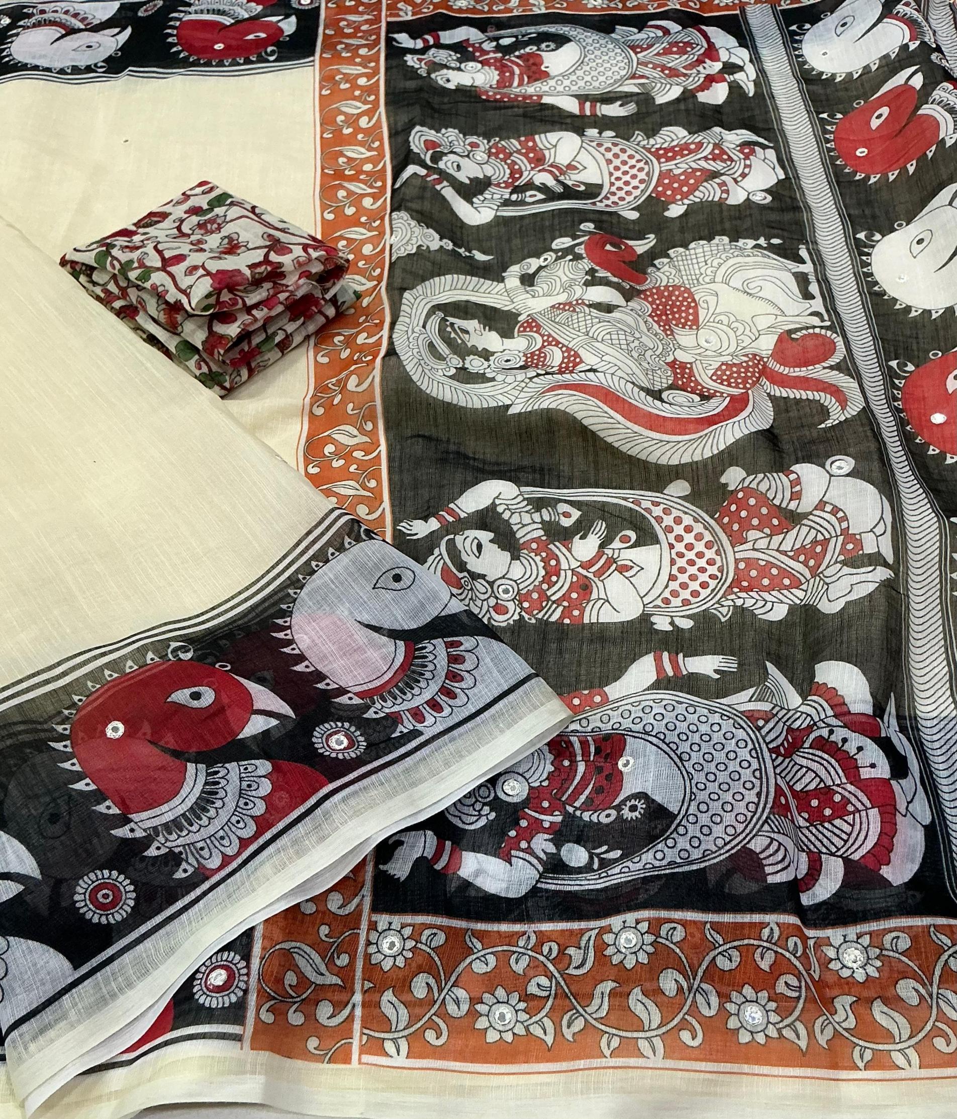 ivory linen kalamkari gorgeous look saree for womens 