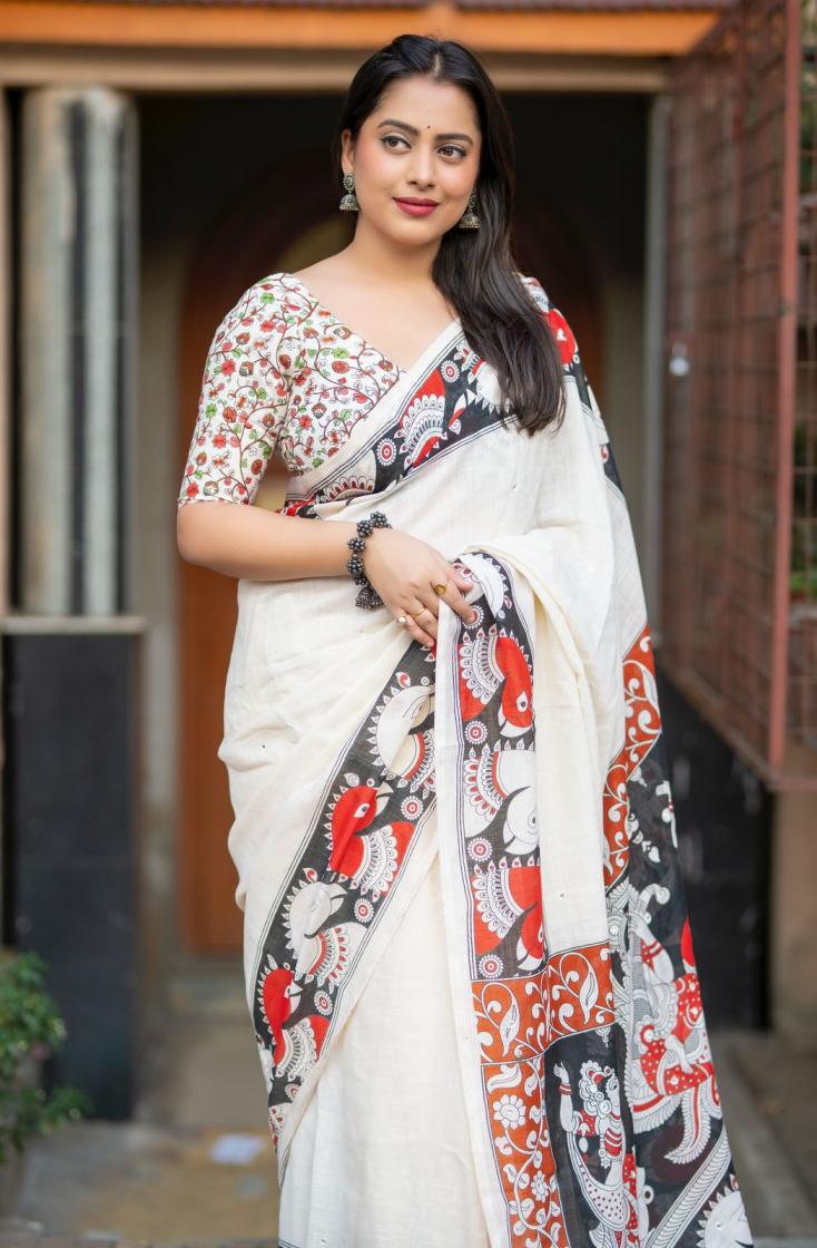 ivory linen kalamkari gorgeous look saree for womens 