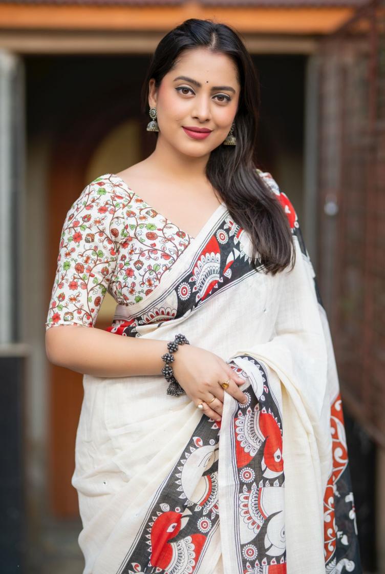 ivory linen kalamkari gorgeous look saree for womens 