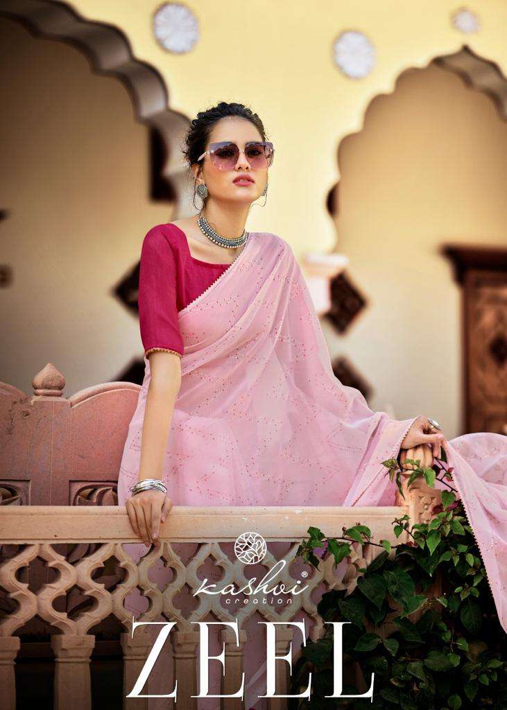 kashvi creation zeel weightless print saree with contras blouse pattern 