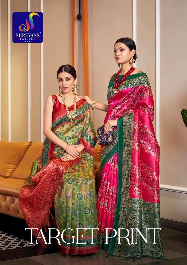 shreyans fashion launch target print amazing designer saree wholesaler