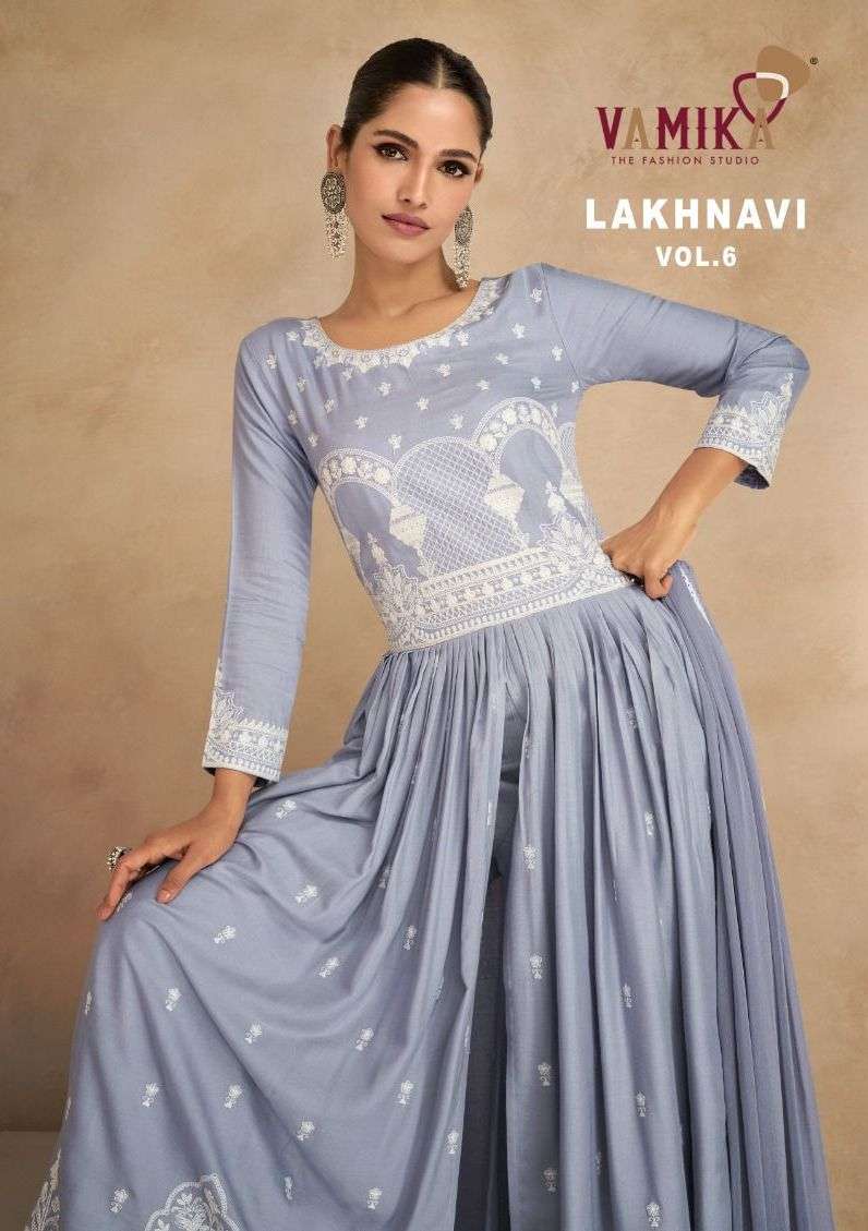 lakhnavi vol 6 by vamika exclusive white thread designer kurti with plazo and dupatta 