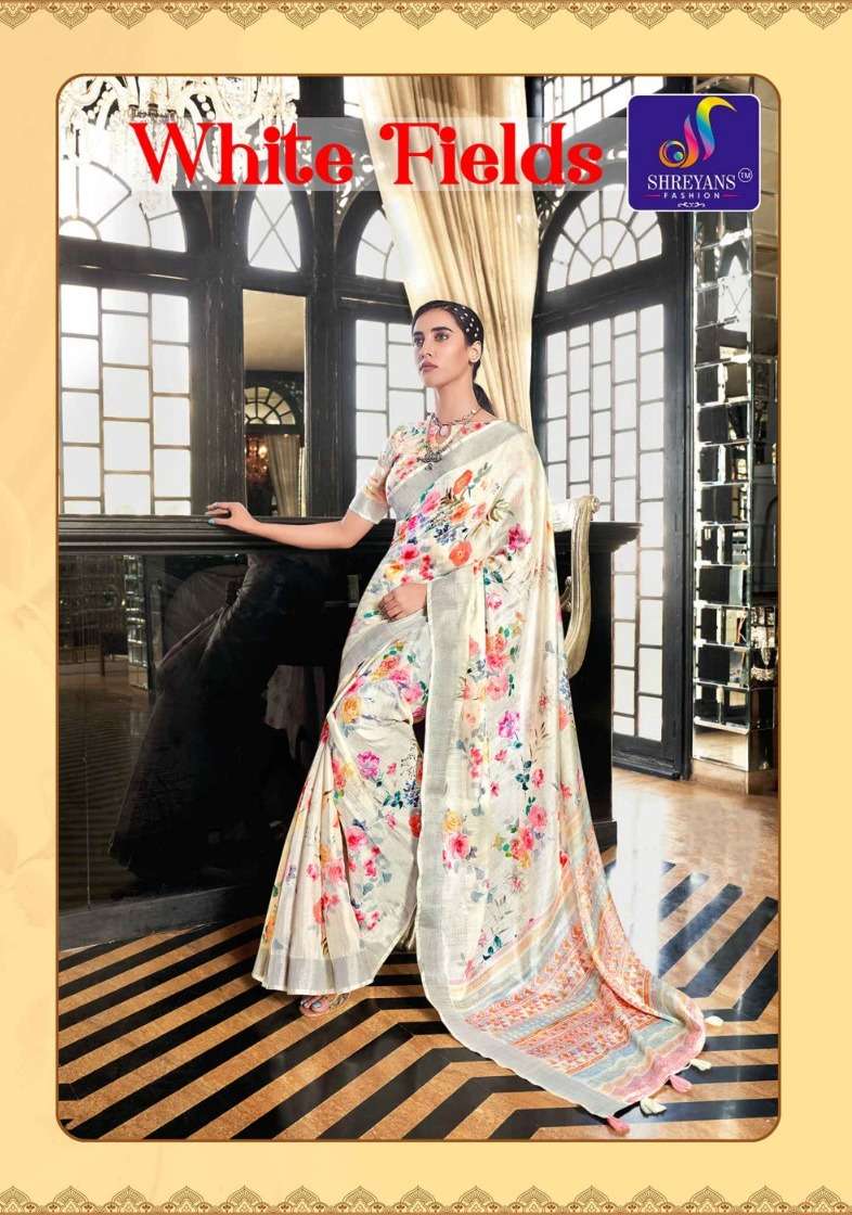 shreyans fashion white fields beautiful printed sarees in wholesale rate