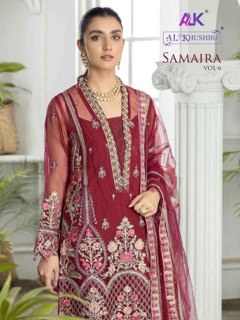 Al khushbu present samaira vol 6 pakistani heavy embrodiery moti work suit material