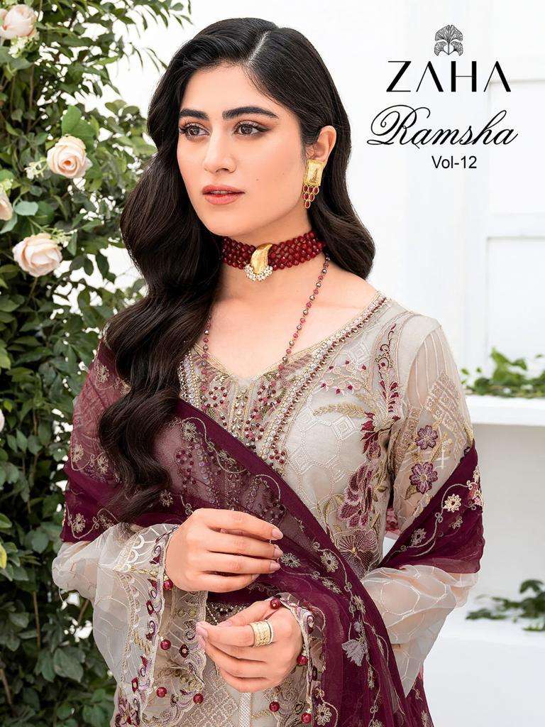 Zaha present ramsha vol 12 pakistani heavy embrodiery work suit material