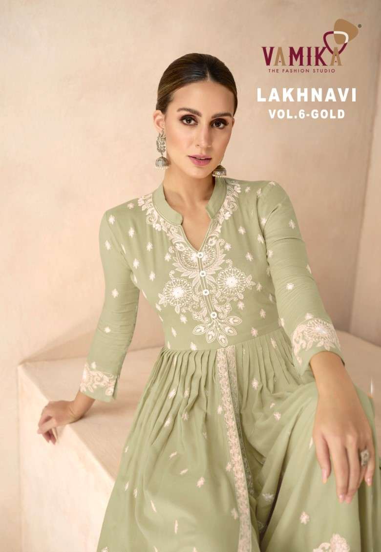 lakhnavi vol 6 gold by vamika readymade festive wear plazo kurti dupatta wholesaler