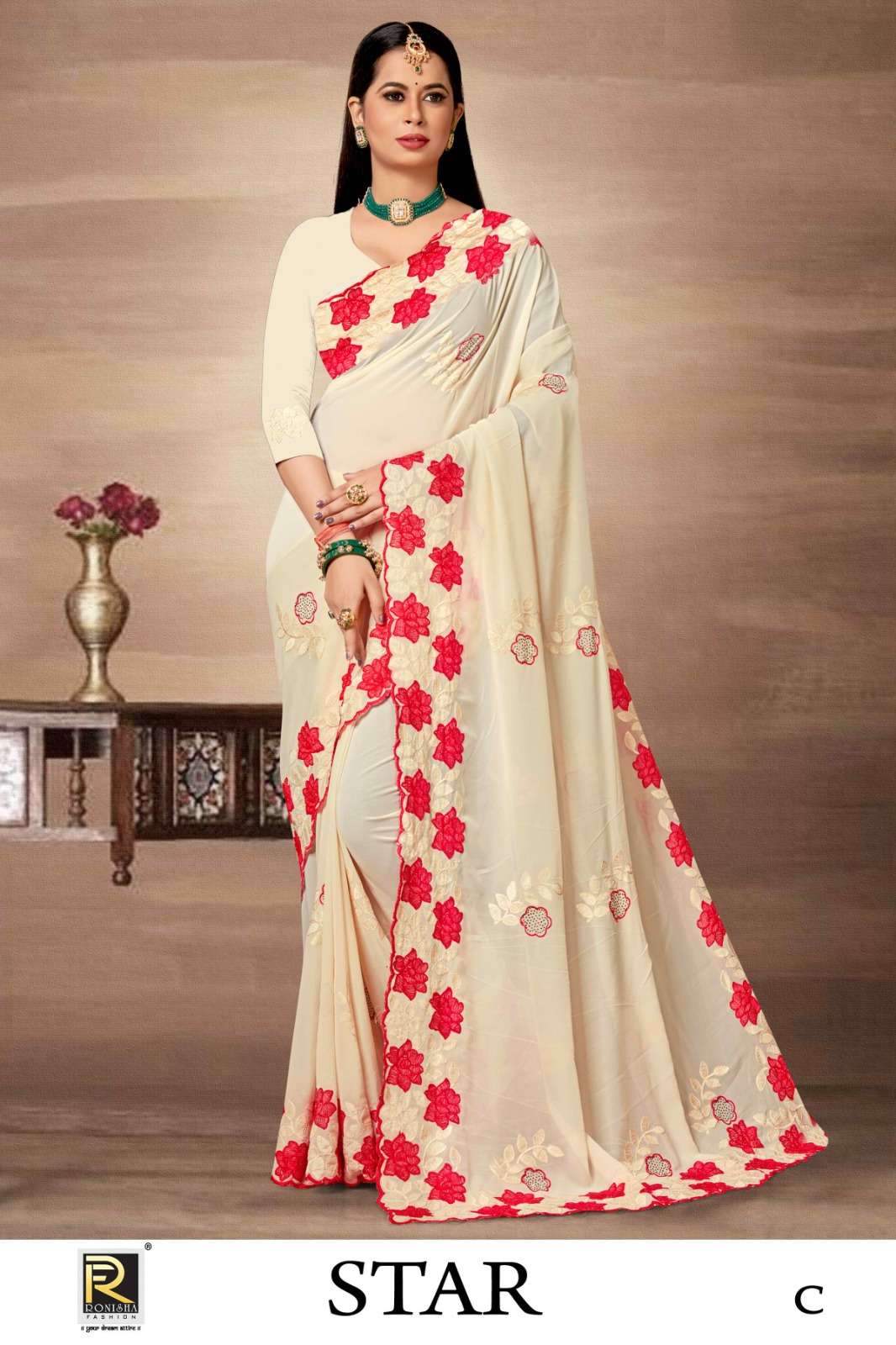 STAR  BY RANJNA SAREE  FANCY FABRICS EMBROIDERY WORK & FANCY DESIGNER BORDER  SUPER HIT COLLECTION 