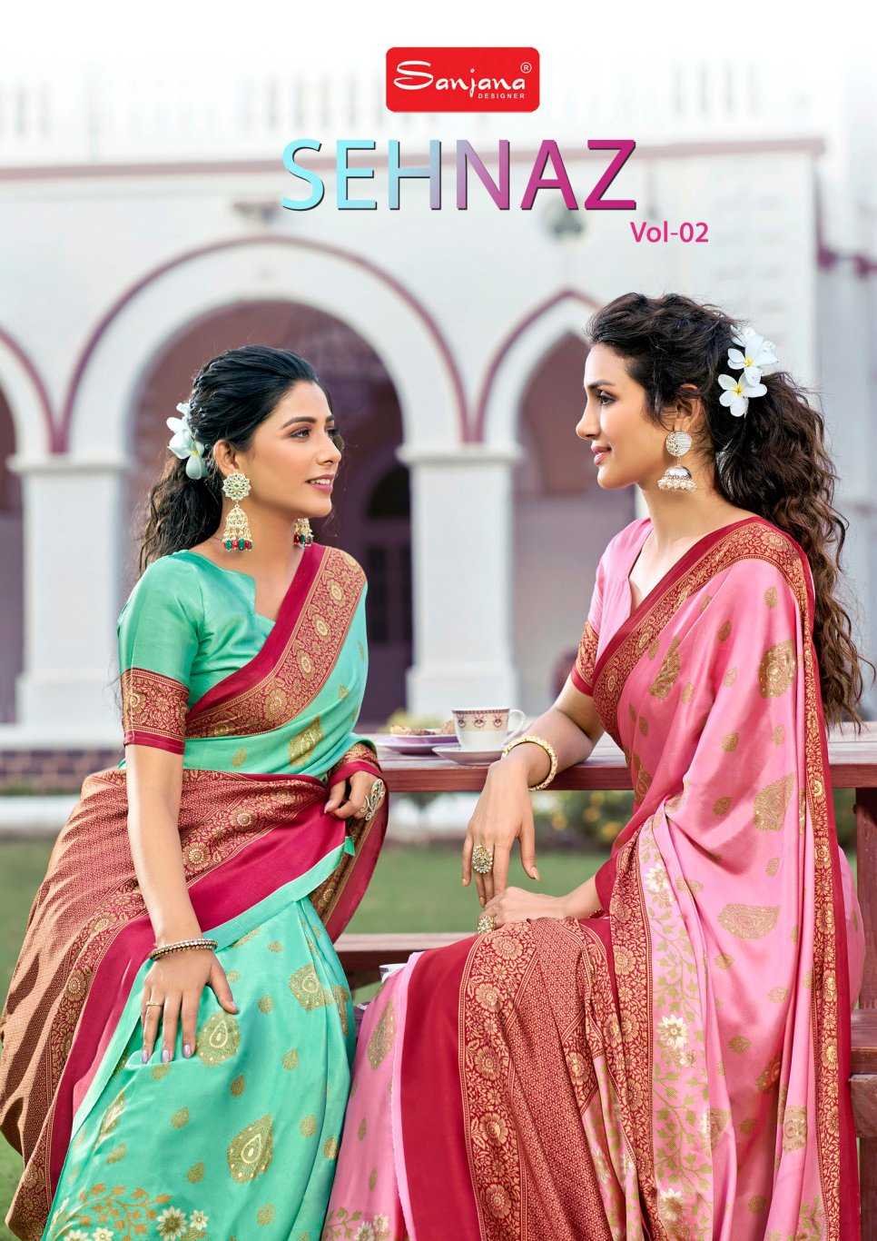 sehnaz vol 2 by sanjana designer fancy satin foil print sarees 