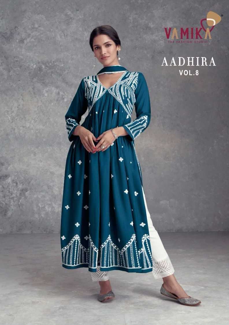vamika aadhira vol 8 1110a-1110e readymade nayra cut designer kurti plazzo dupatta collection