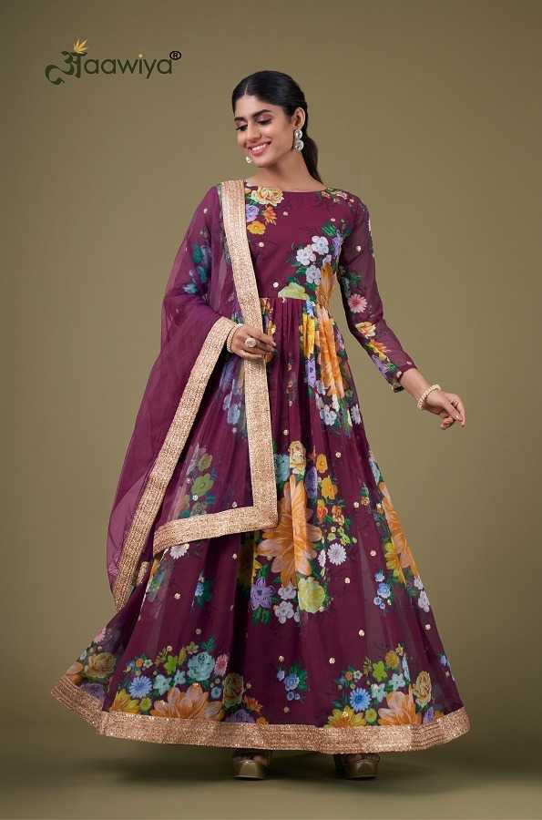 aawiya 6014 beautiful floral print readymade long gown with bottom and dupatta single design