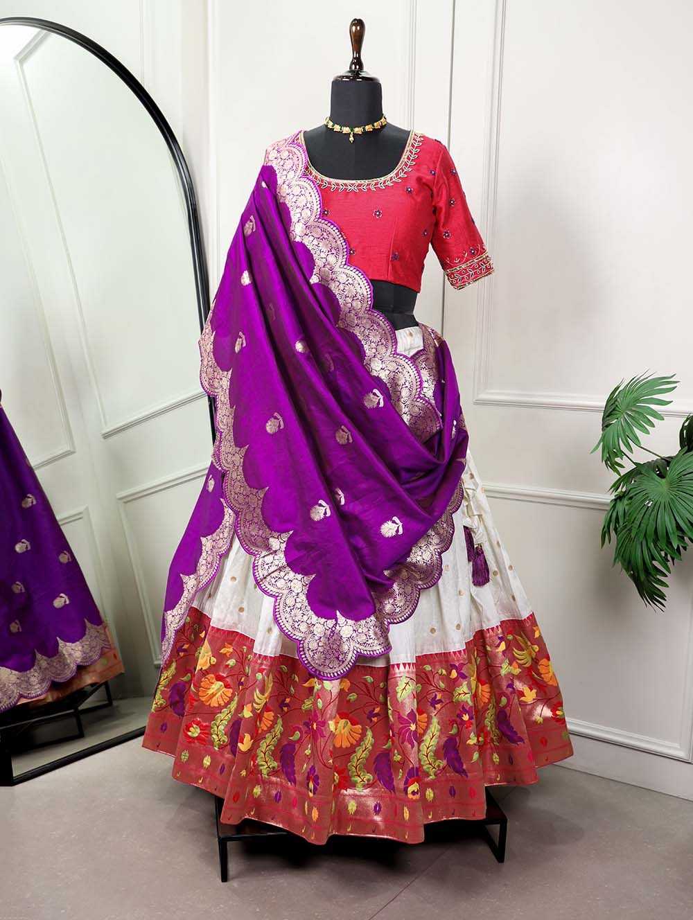 pr lnb2002wht fancy stitch paithani lehenga with unstitch blouse dupatta batwa single design