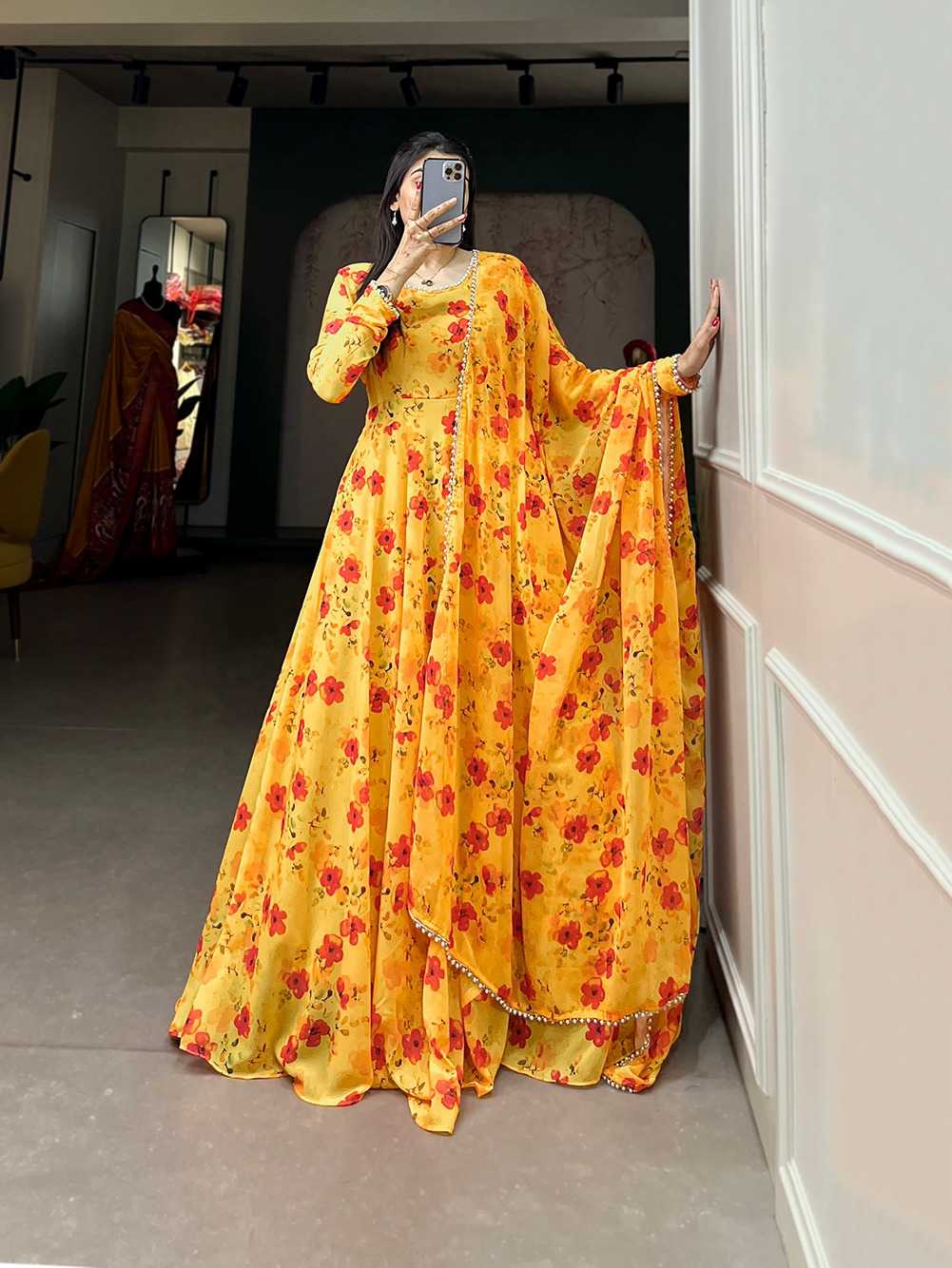 pr ynf500mst occasion wear beautiful flower print stitched gown with dupatta