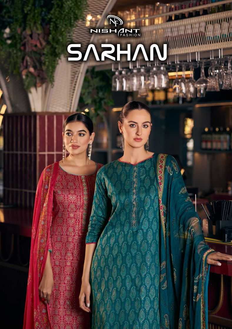 nishant fashion sarhan elegant jaam silk with fancy work dress material