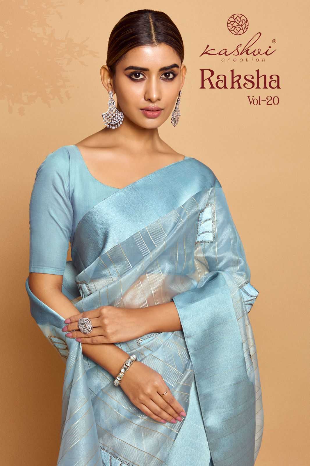 raksha vol 20 by kashvi creation latest fashionable organza silk saree wholesaler