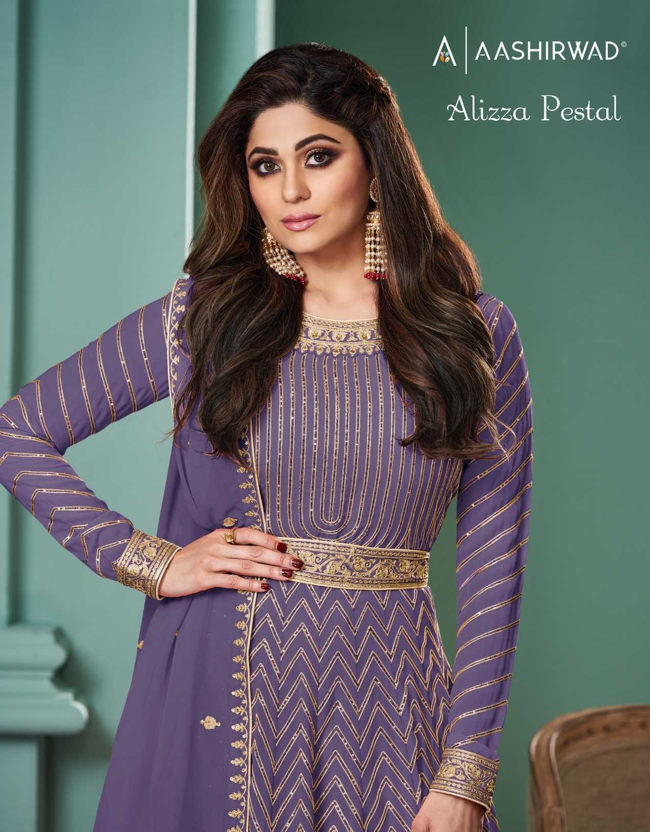 alizza pestal by aashirwad creation fashionable design flair readymade long gown set   