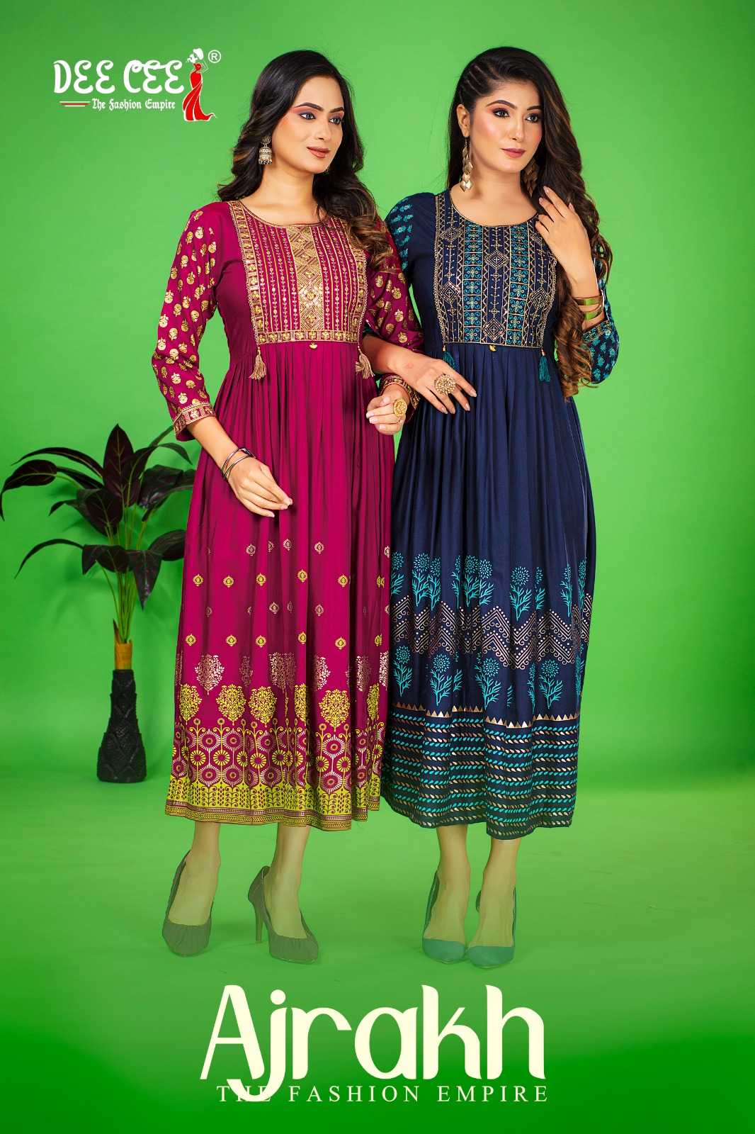 deecee presents ajrakh hit design fully stitch rayon flared long big size gown         