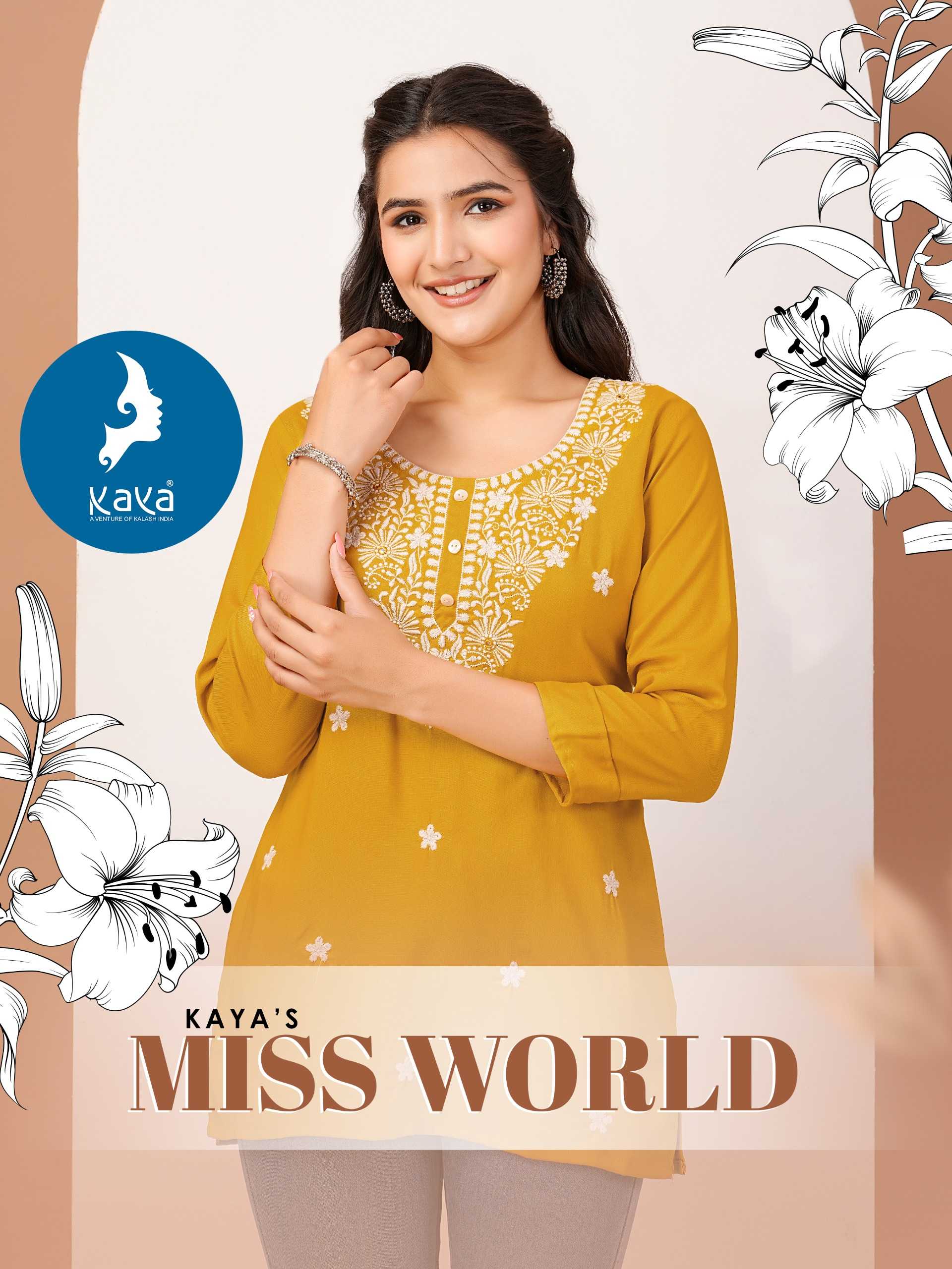 miss world by kaya fancy daily use rayon fully stitch short kurti collection