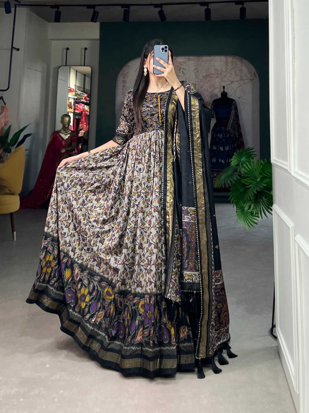pr ynf5036 amazing look tussar silk full stitch long gown with dupatta set