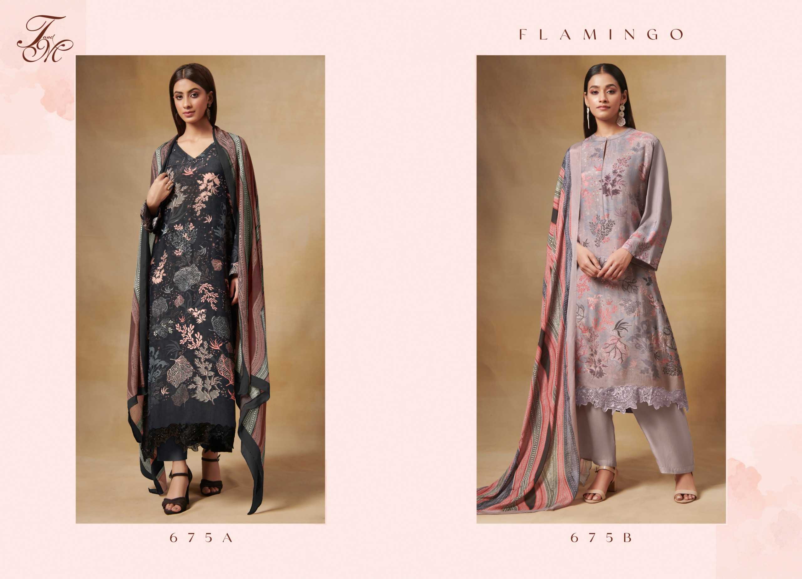 t&m falmingo pure cotton lawn digital print with orgenza silk dress material in new collection 