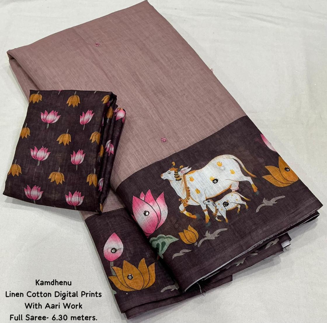 kamdhenu linen cotton kalamkari shop trendy sarees 