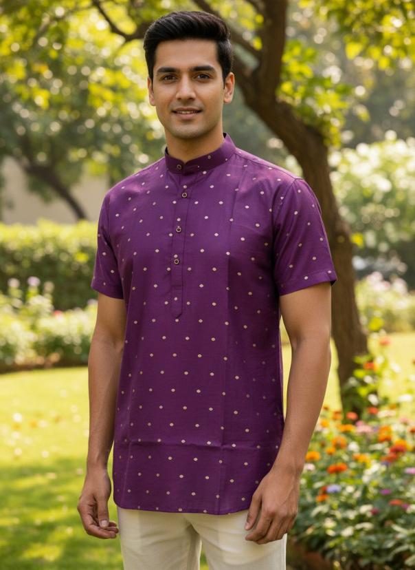 short half sleeves cotton silk classic readymade mens kurta online 