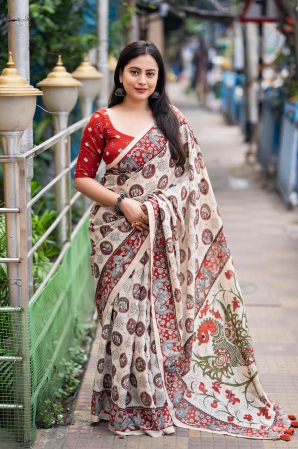 kc 657 elegance linen kalamkari best saree online 