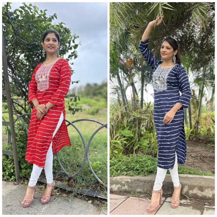 PR 9STAR FASHION LEHERIYA RAYON  WITH EMBRODERY WORK FANCY DESIGNER KURTI 