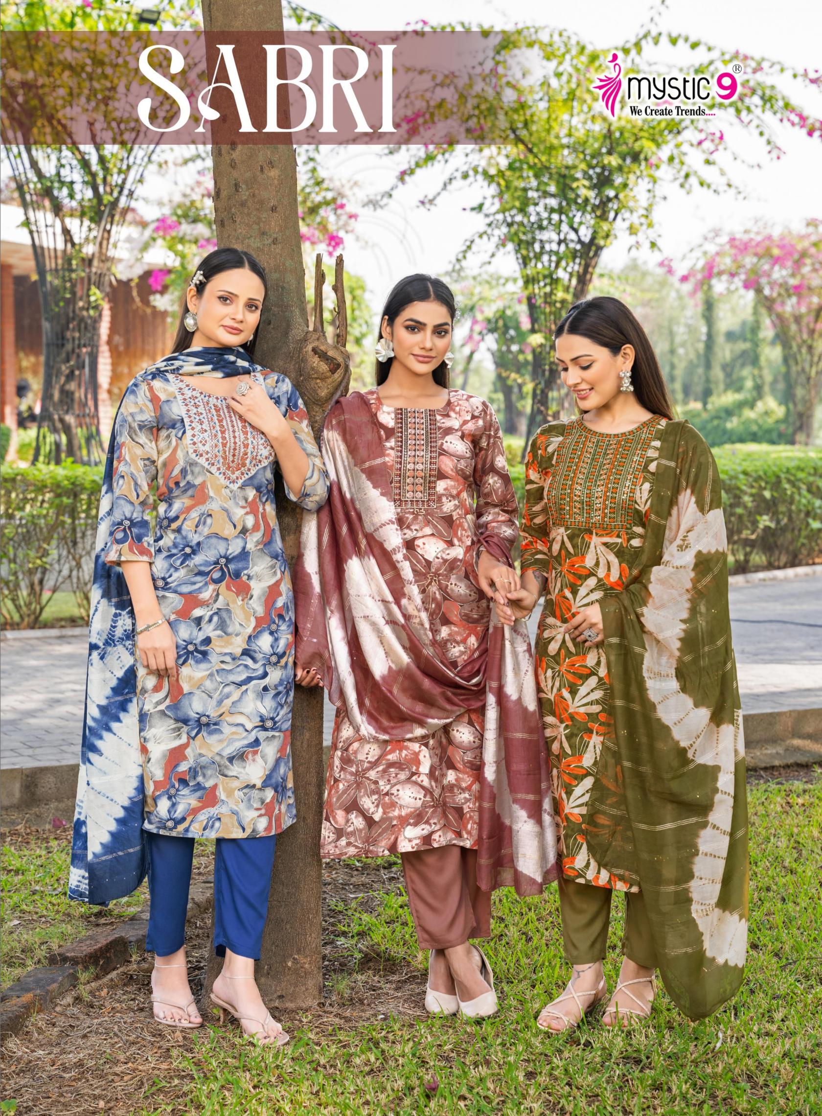 sabri vol 12 by mystic9 rayon foil print fully stitch suit for womens 