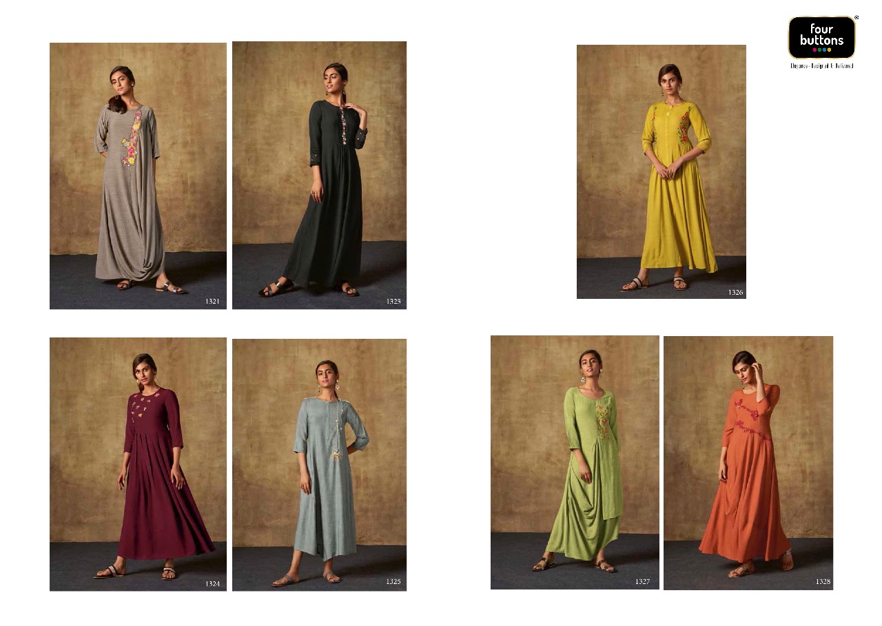 Four Buttons Mirror Viscose Chiffon Exclusive Long Gown Wholesaler