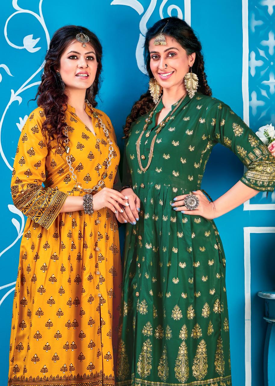 Gold Star By Fashion Talk Rayon Long Gown Style Traditional Look Kurti