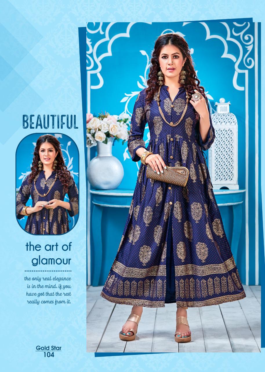 Gold Star By Fashion Talk Rayon Long Gown Style Traditional Look Kurti