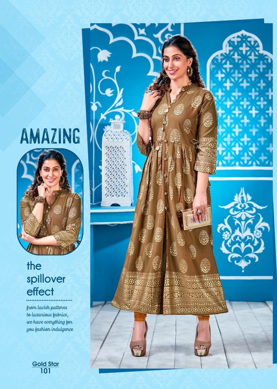 Gold Star By Fashion Talk Rayon Long Gown Style Traditional Look Kurti