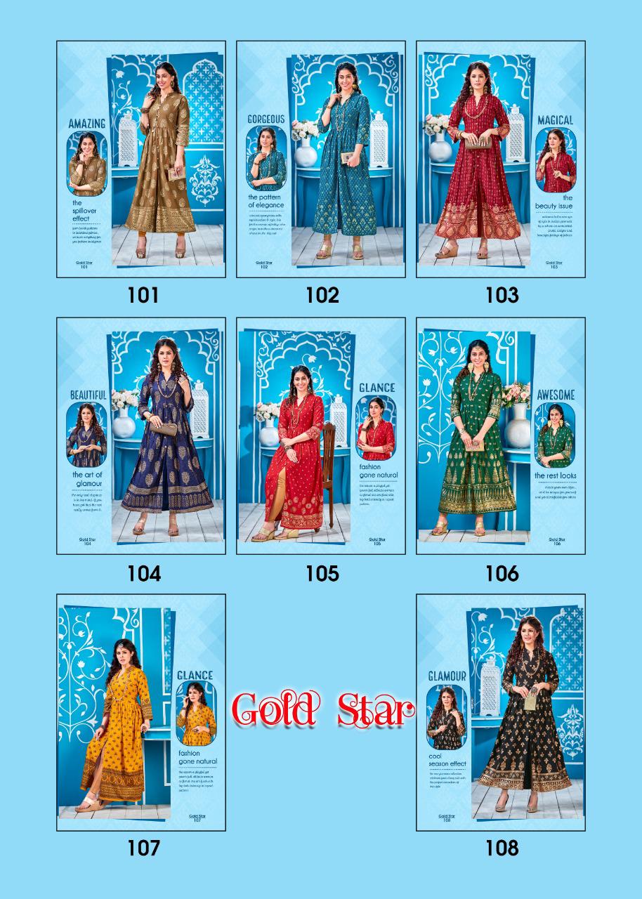 Gold Star By Fashion Talk Rayon Long Gown Style Traditional Look Kurti